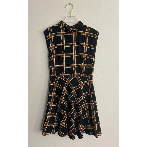 Louche Anthropologie XS Dress Windowpane Plaid Sleeveless Navy Blue Mini Preppy - Picture 2 of 7